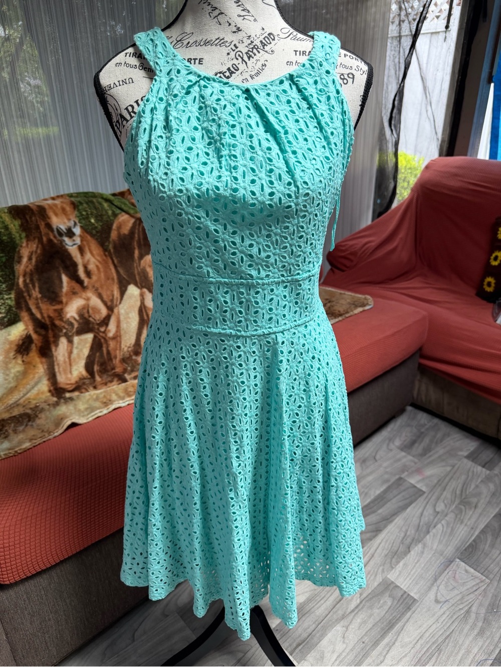 DRESS-BARN Sleeveless Aqua Eyelet Fit-and-Flare Dress